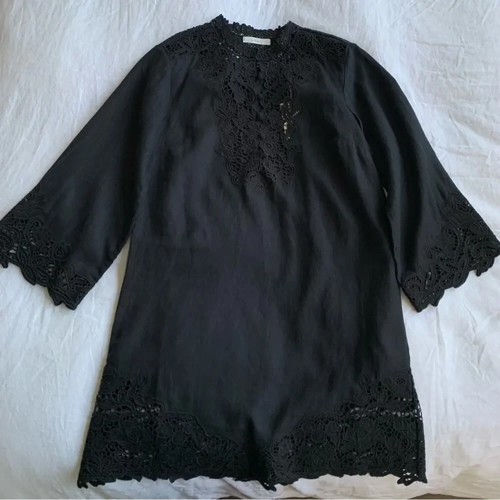 NWT Doen Roselie Linen Lace Crochet Collar 3/4 Sleeve Tunic Mini Dress Black - Picture 9 of 16